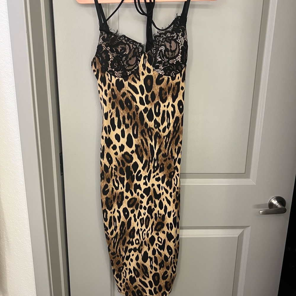 Sexy satin lace bra corset black lace leopard midi bodycon dress - Picture 10 of 11